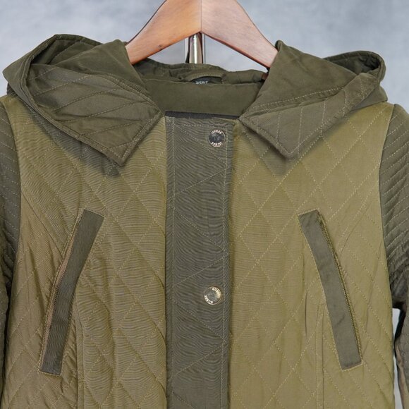 GUESS Women’s Hooded Parka – Quilted Design – Two-Tone Green with Gold Accents - Picture 3 of 9